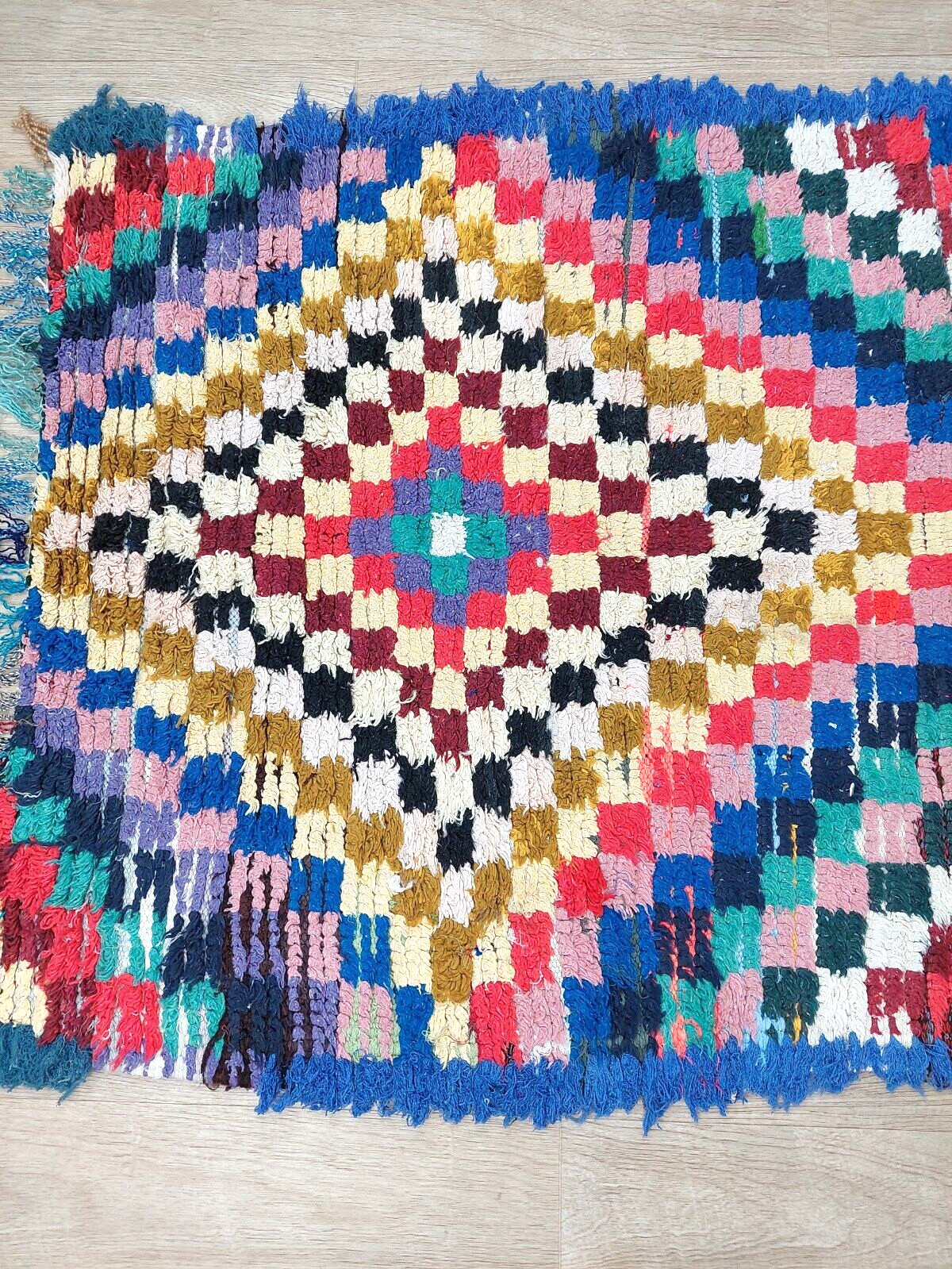 Vintage Moroccan Berber Area Rug 3×5 Colorful Blue Geometric Tribal Runner Rugs