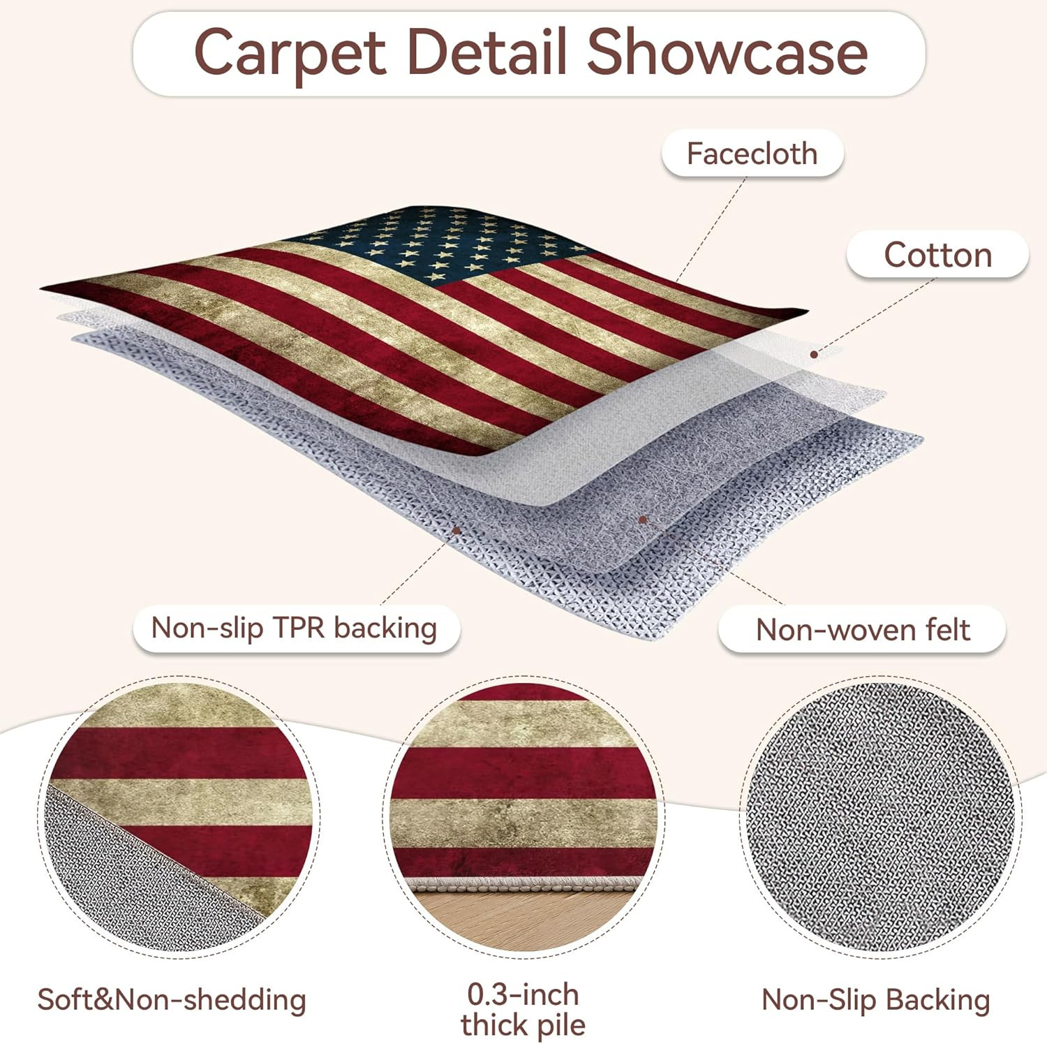 Patriotic Vintage American Flag Washable Area Rug 5×7 for Home & Office