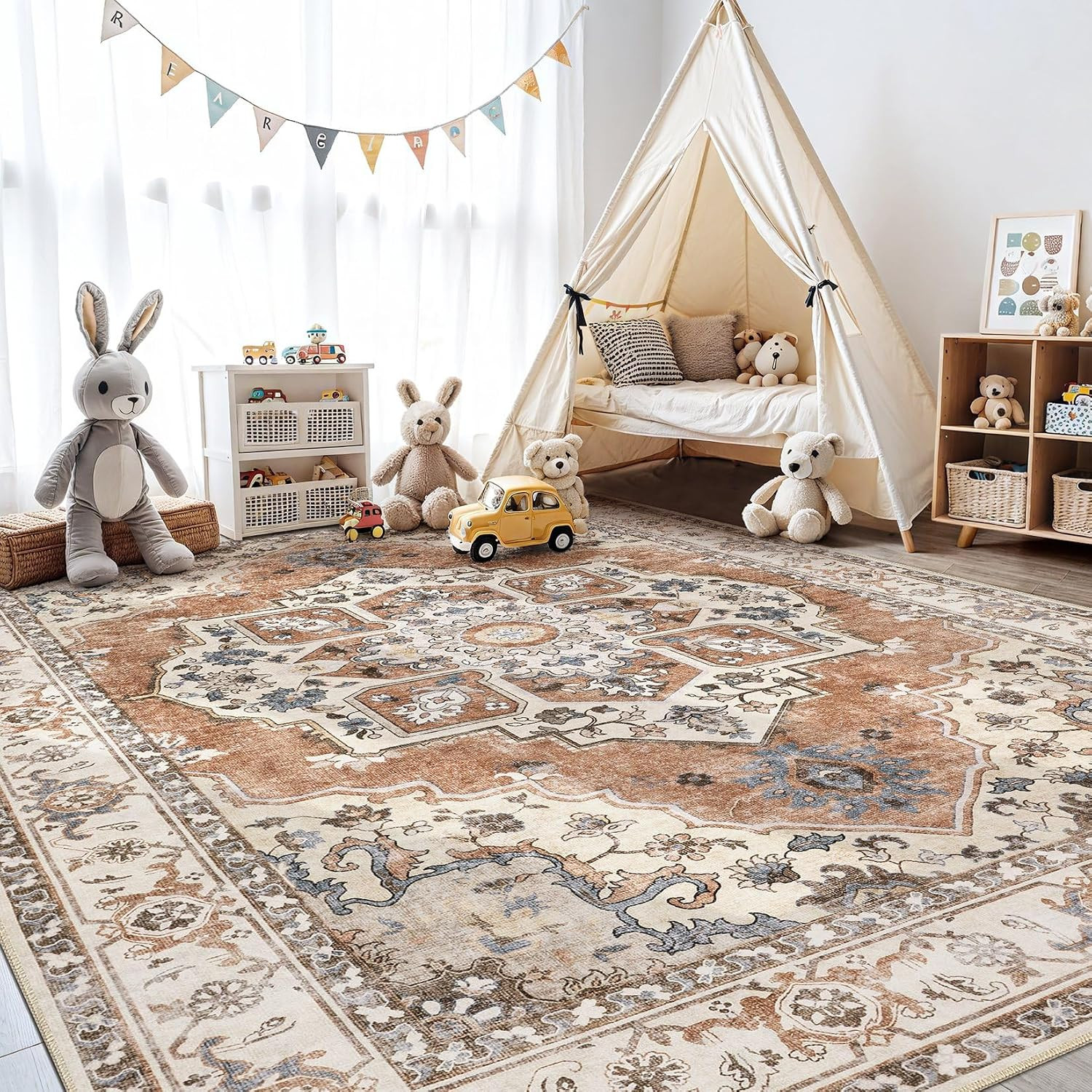 9X12 Washable Area Rug: Vintage Neutral Soft Non Slip Thin Large Floor Carpet fo