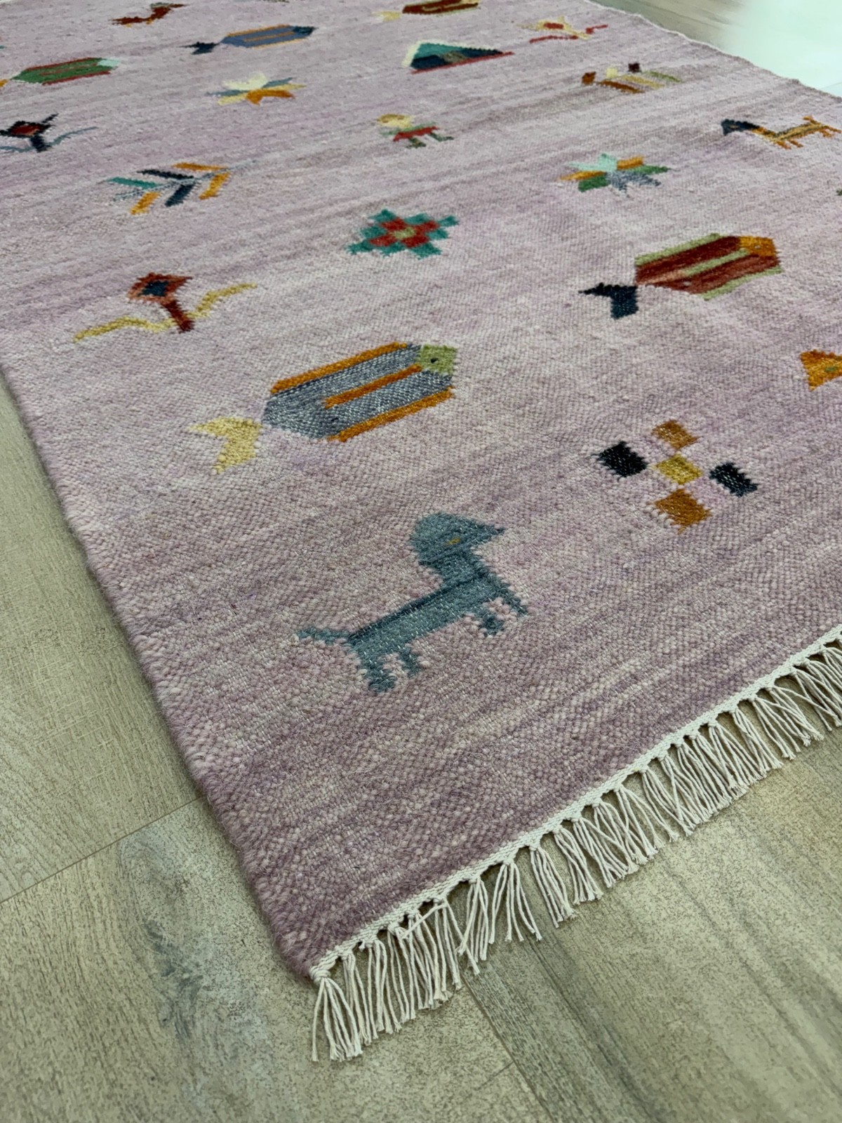 Tribal Handwoven Wool Rug 4×6 Lavender Flatweave Scandinavian Folk Art Kilim Rug