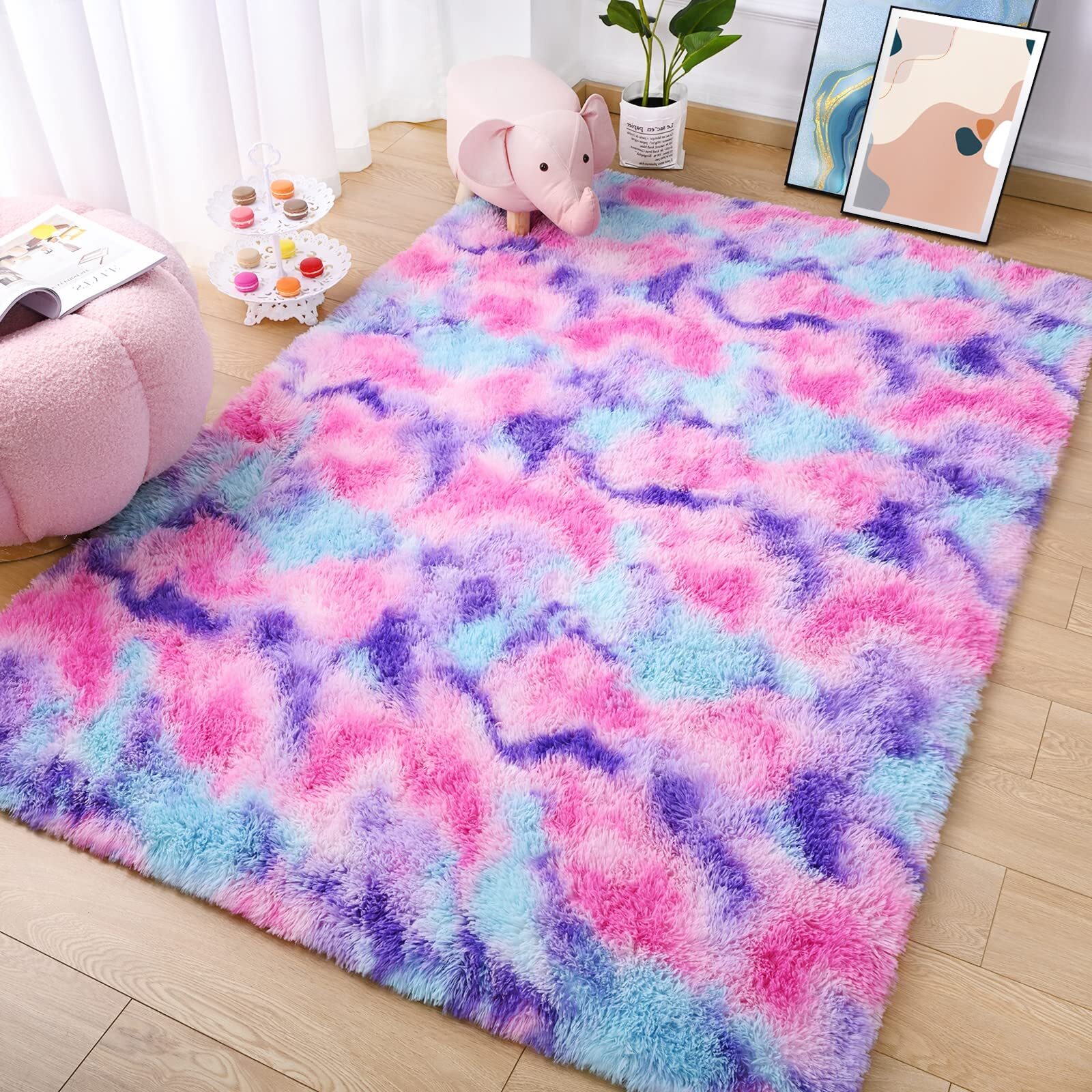 Soft Fluffy Rainbow Area Rug Ideal for Girls’ Bedrooms Hot Pink 4×6 Feet