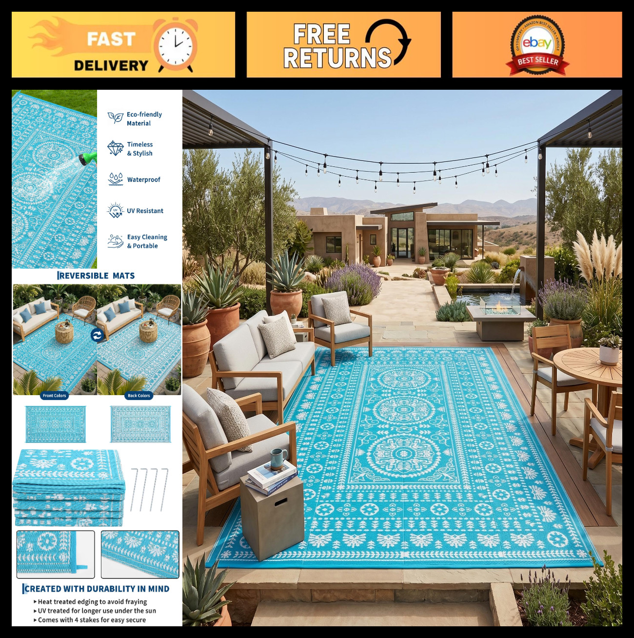 Reversible 8×10 Outdoor Rug – Waterproof Area Rug for Patio, RV, Camping, Deck