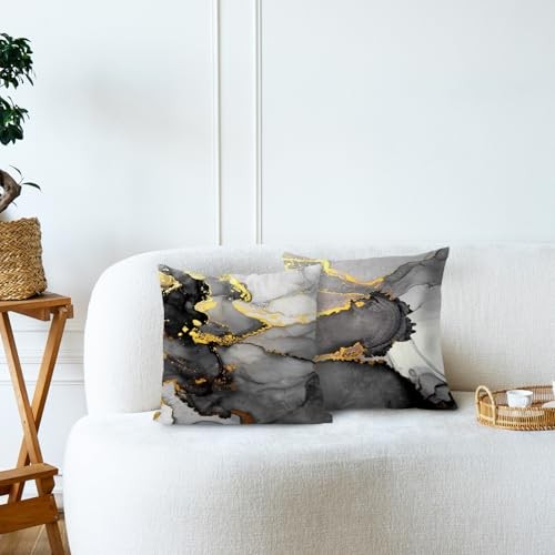 Black Grey and Gold Marble Texture Pillow 22″ x 22″ (Pack of 2) Grey Gold