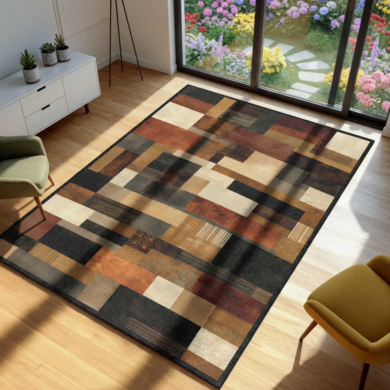 Mid Century Modern Area Rug, Abstract Geometric Color Block Carpet, Earth Tone