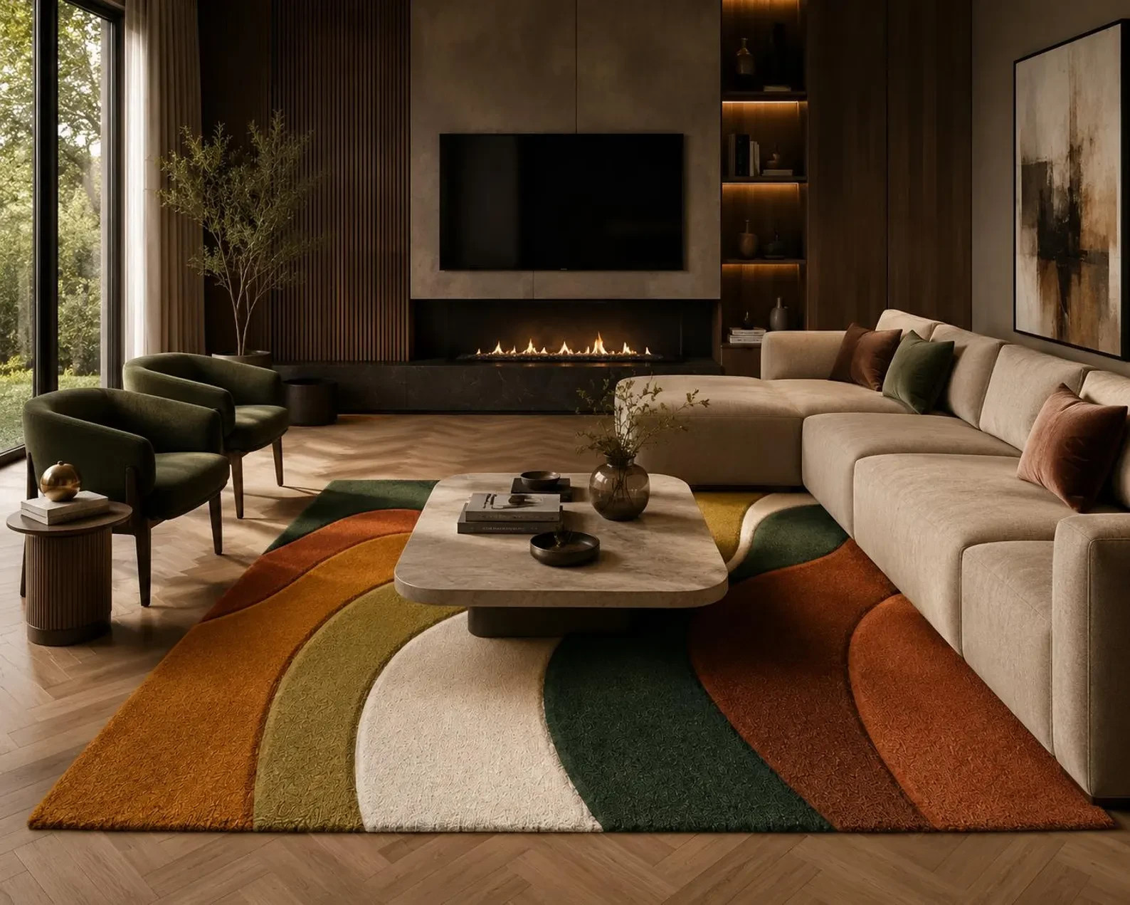 Modern Abstract Wool Rug, Handmade Hand Tufted Organic Curved Design Carpet.