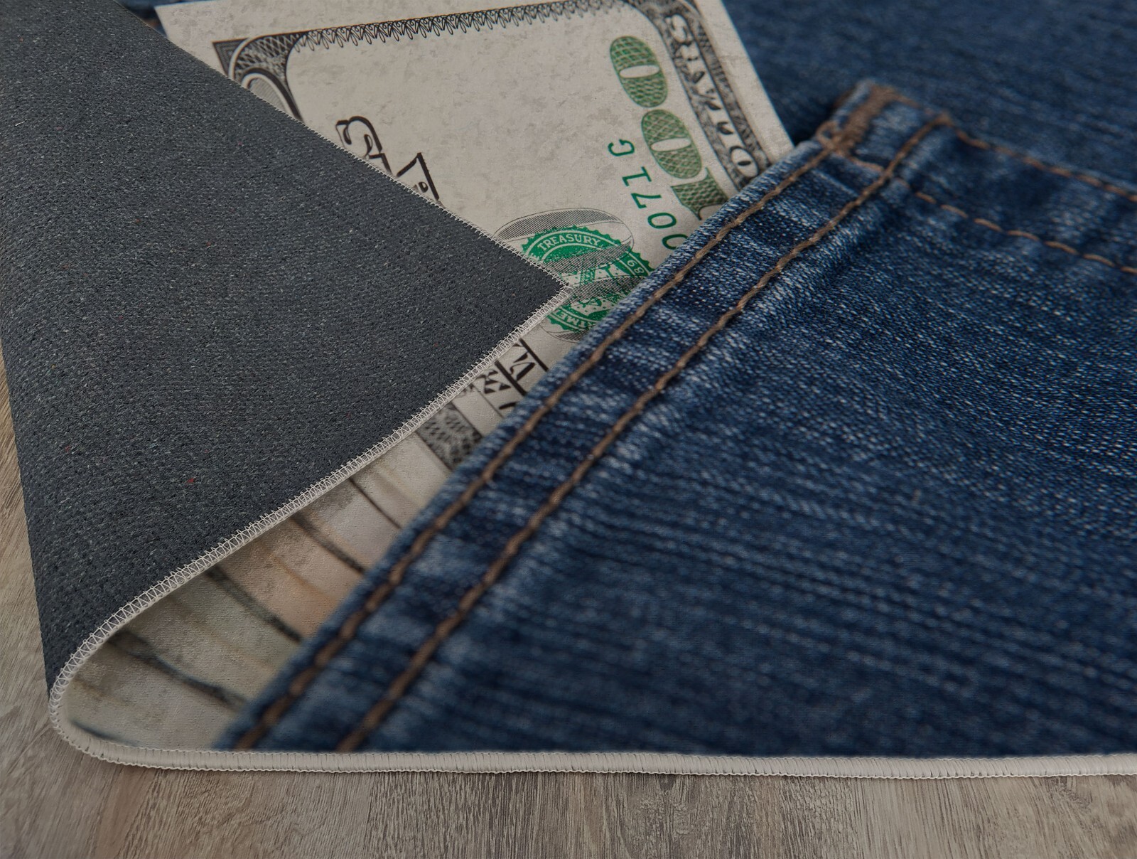 Money Pocket Rug, 3D Dollar Bill Design, Denim Jeans Carpet, Unique, 100 Usd
