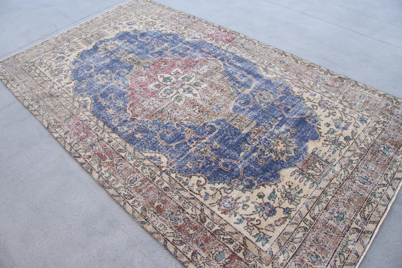 6,3×11 ft Vintage Rug, Blue Floral Turkish Rug Wool