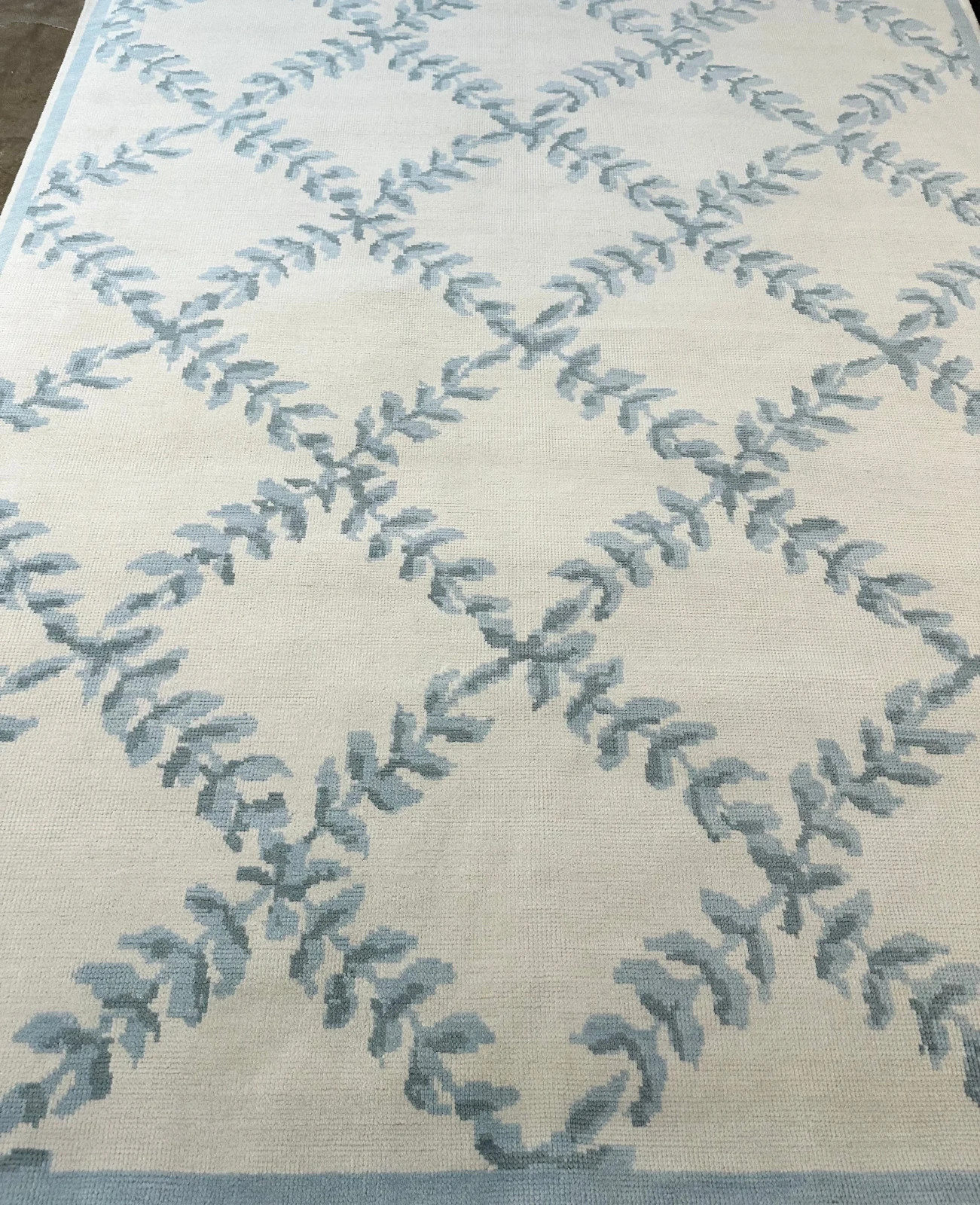 Blue Ivory Trellis Rug Hand Tufted Wool Area Rug Modern Lattice Carpet 8×10 9×12