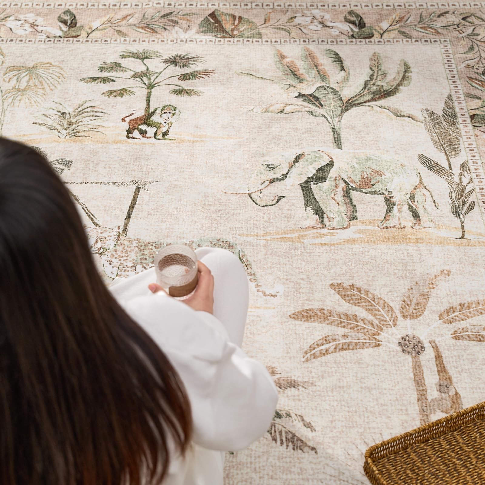 3×10 Runner Rug Beige Jungle Animals Print, Modern Hallway Washable Runner Ru…