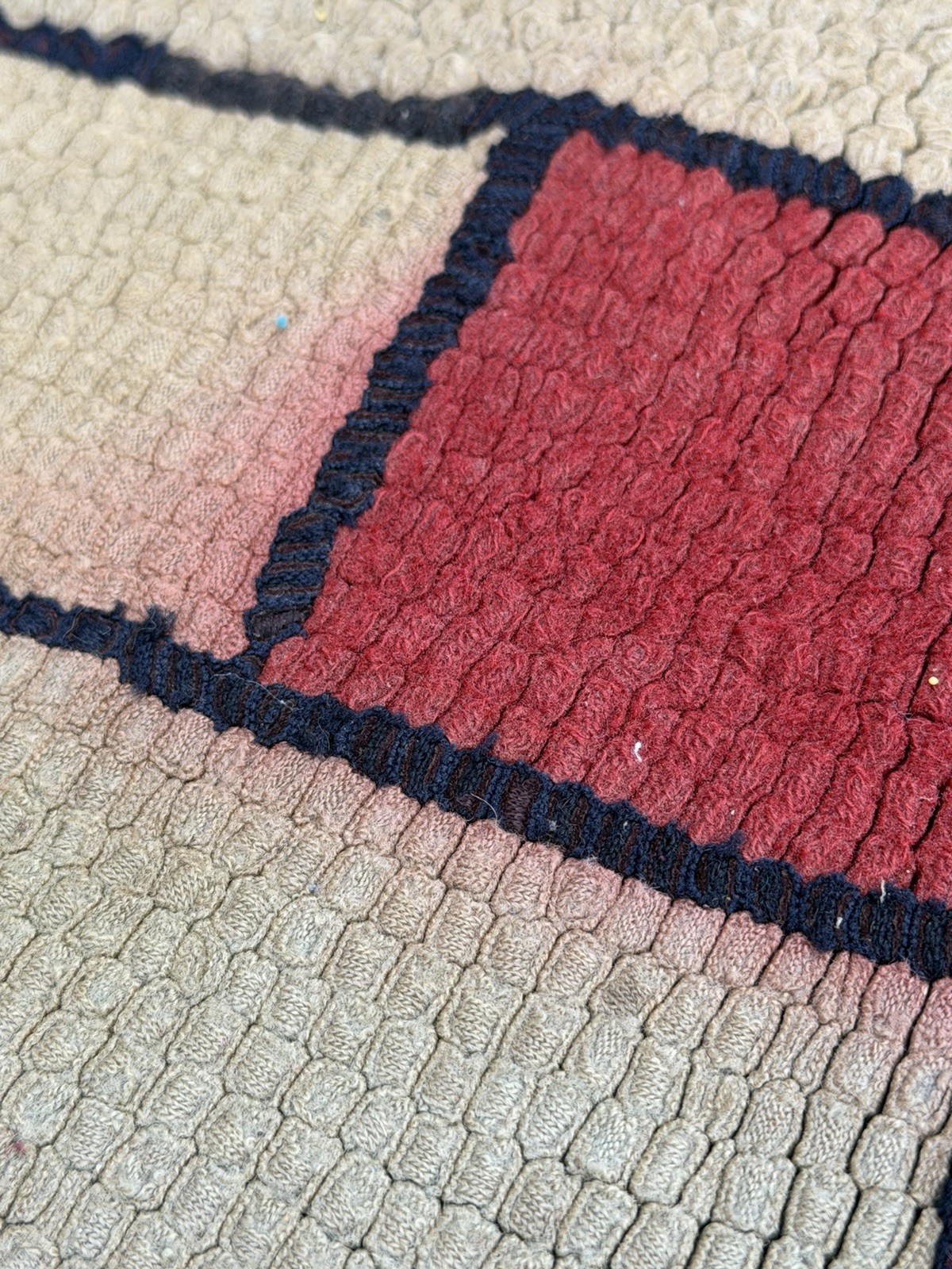 Antique American Hooked Run. Multi Color Geometric Brick Pattern.