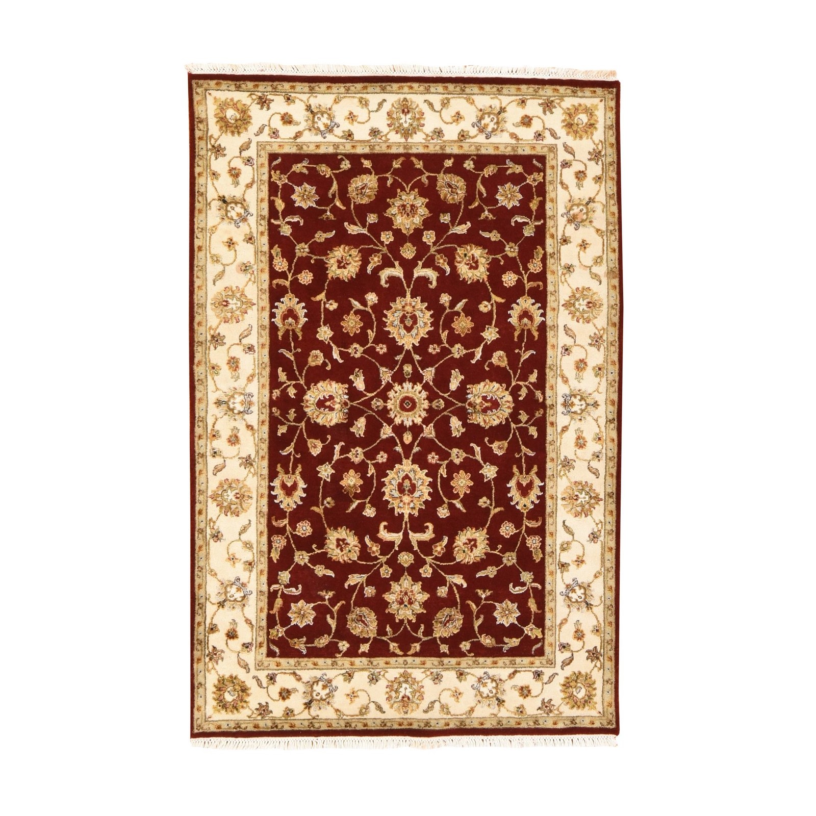 4’x6′ Wine Red Rajasthan with All Over Leaf Design Hand Knotted Wool & Silk Rug