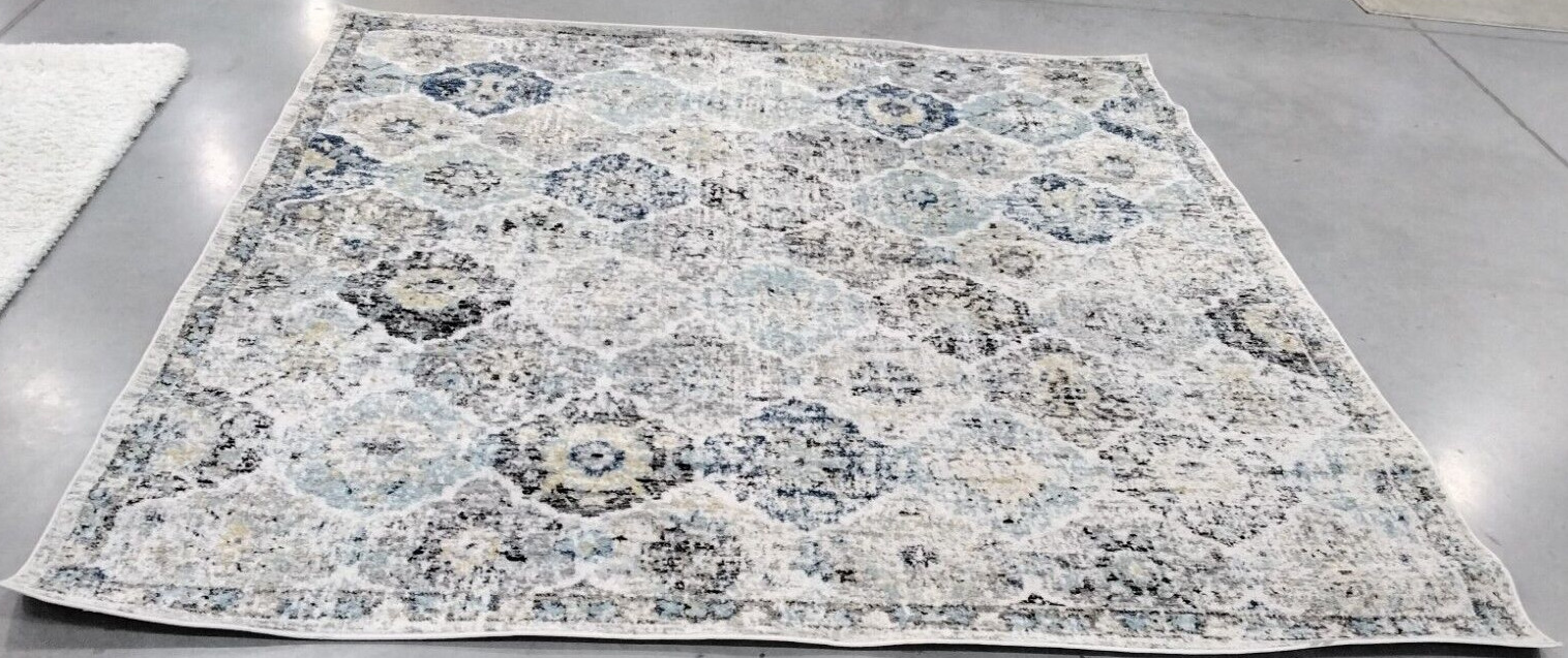 IVORY / AQUA 8′ X 8′ Square Back Stain Rug, Reduced Price 1172729538 MAD611A-8SQ