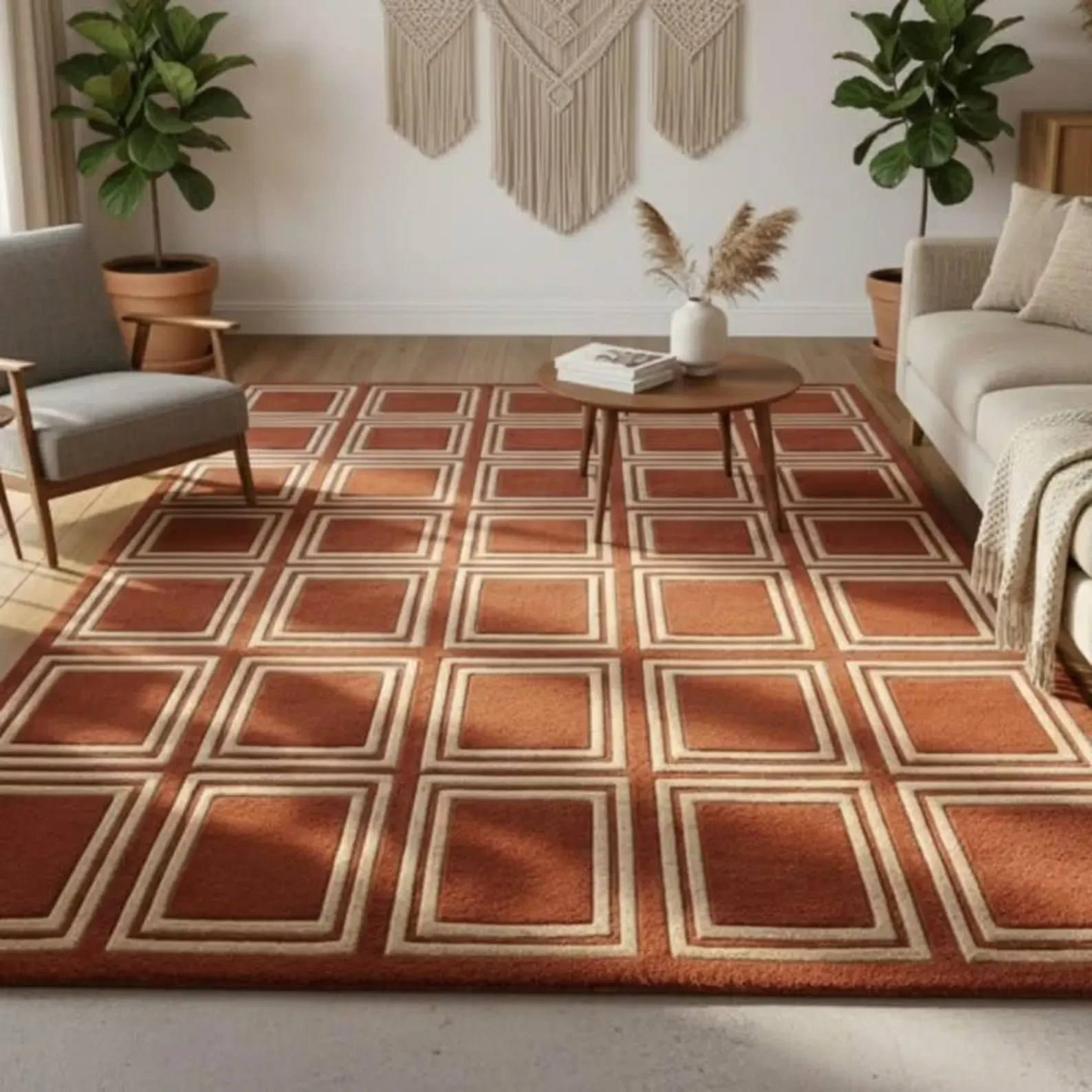 Hand Tufted Checkered Rug, Rust Brown Geometric Mid -Century Carpet, Custom Rug