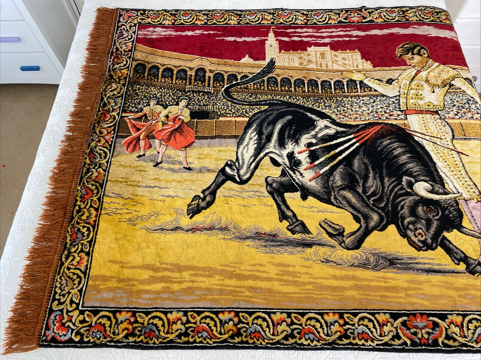 Vintage Spanish Bull Fighter Carpet Rug Kilim Runner Woven 200 cm x 120 cm