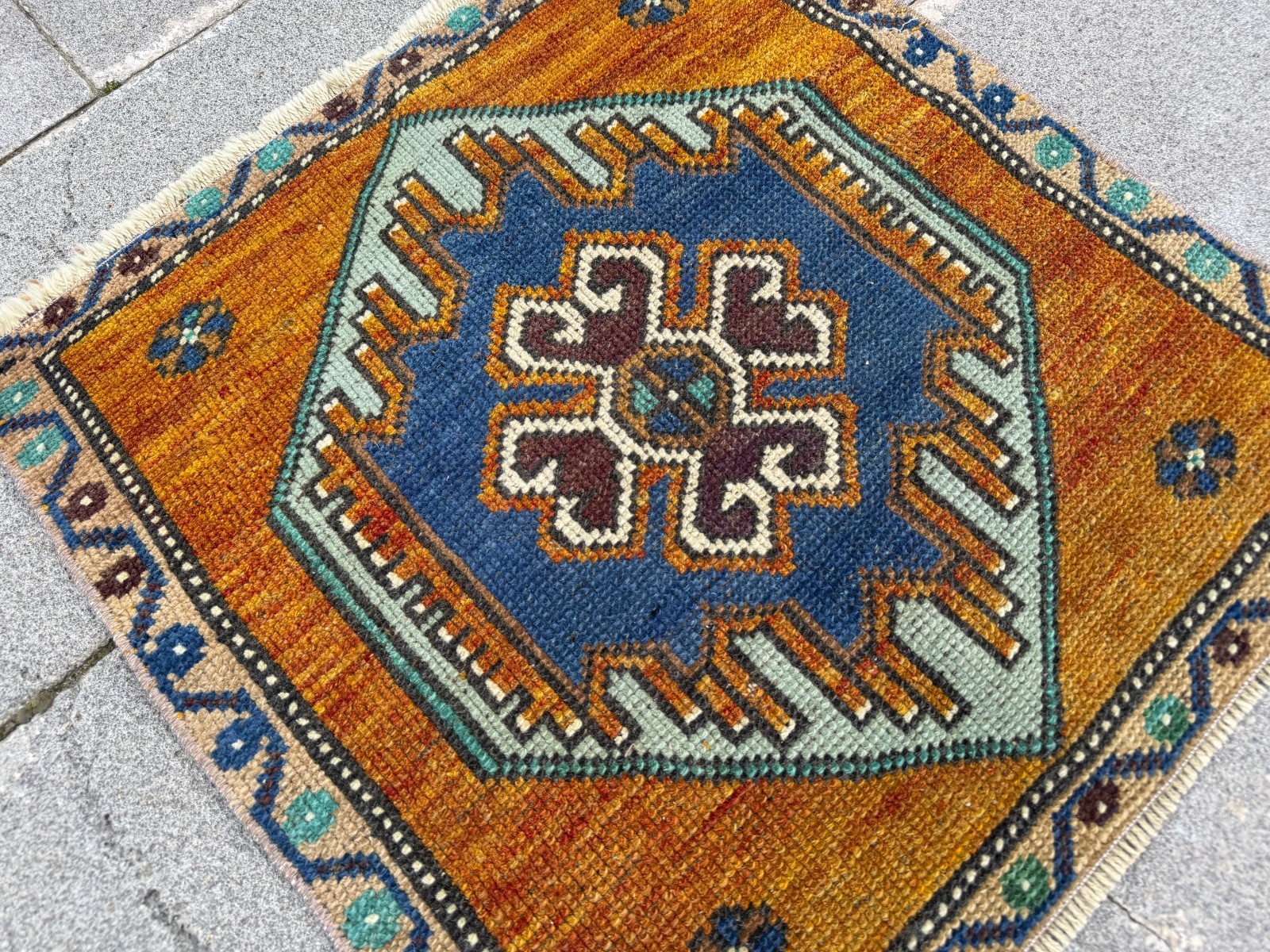 Vintage Oushak Square Rug 1.9×1.9 ft Mustard Orange Turkish Boho Accent Rug