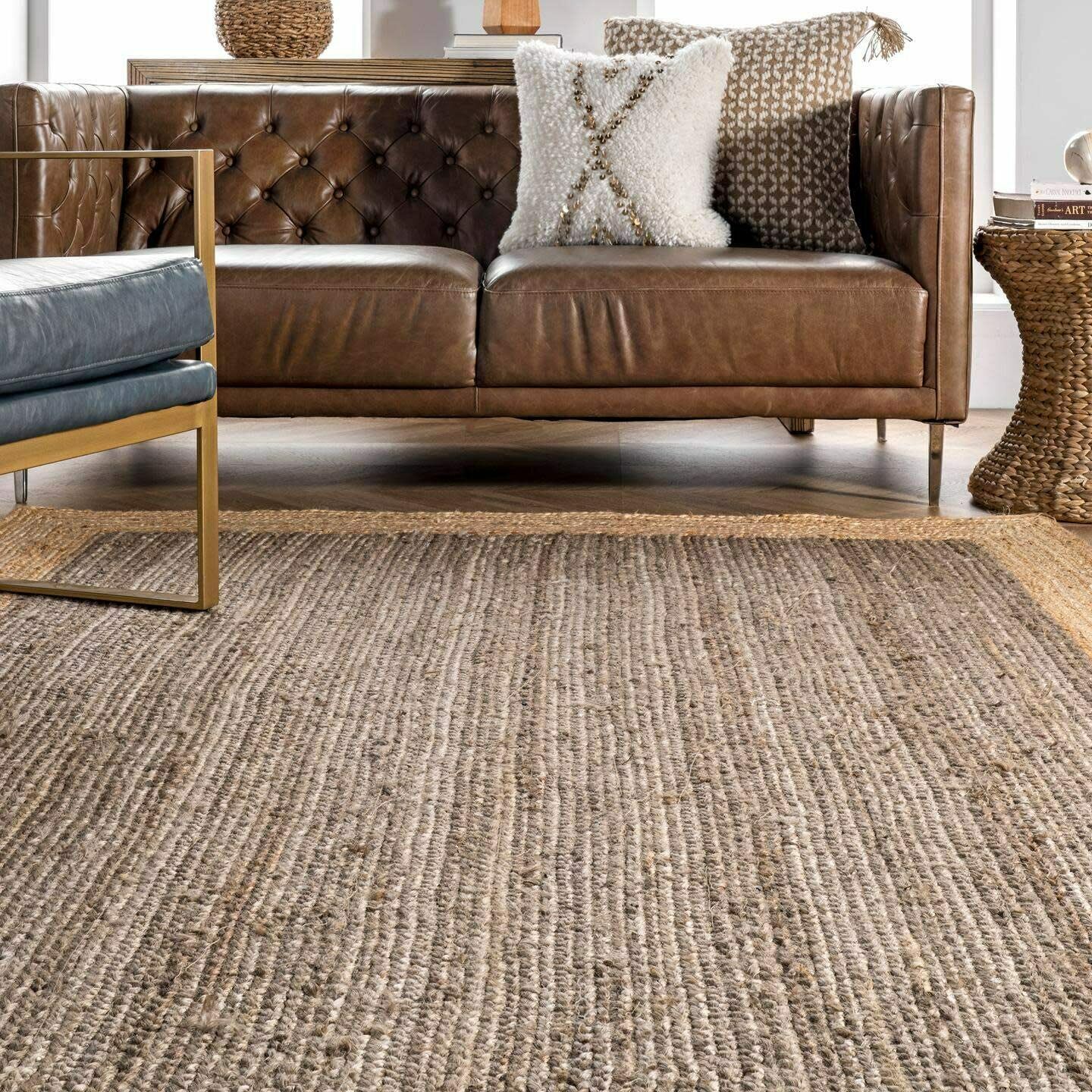 Jute Carpet in Customize Sizes Hand Braided Rectangle Area Rug Gray Beige