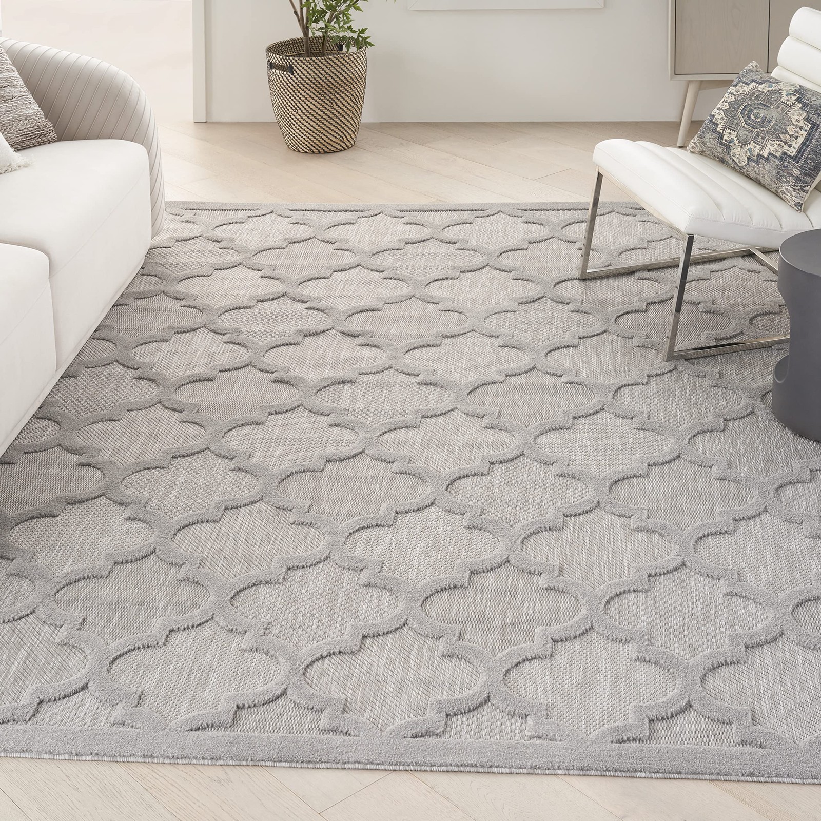 7×10 Silver Grey Indoor Outdoor Rug High Low Flatweave Easy Care Durable