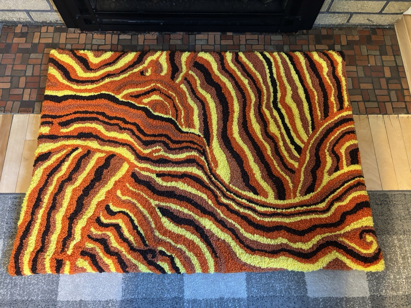 Handmade Woven Rug Groovy 70s 80s Retro Vintage Hippie Orange Yellow Brown Swirl