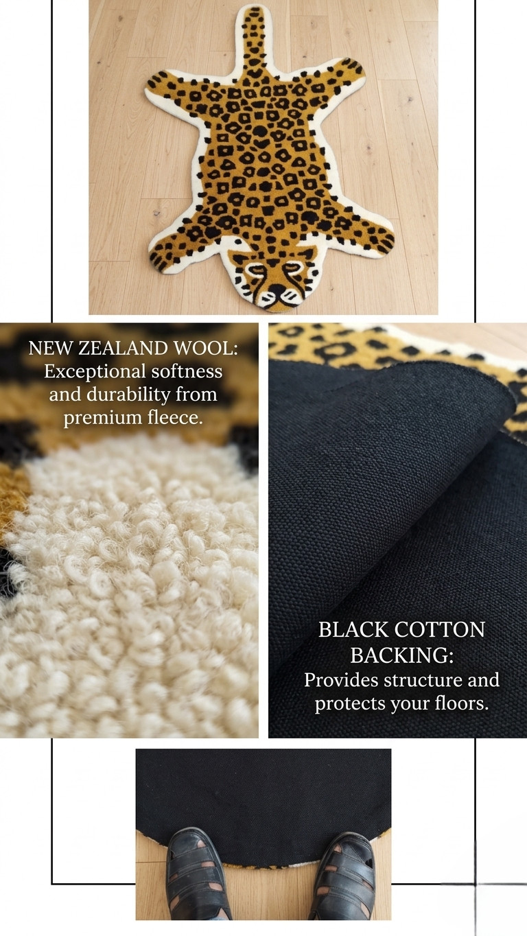 Handmade Leopard Print Wool Rug – Tufted Animal Shaped Accent Area Carpet Decor