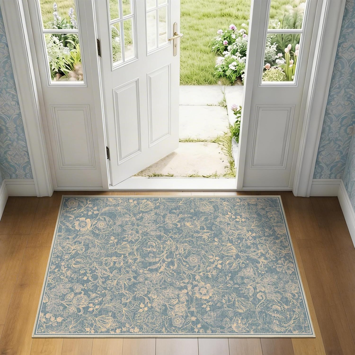 Washable Floral Area Rug 2×3, Vintage Farmhouse Botanical Rug, Non Slip Low Pile