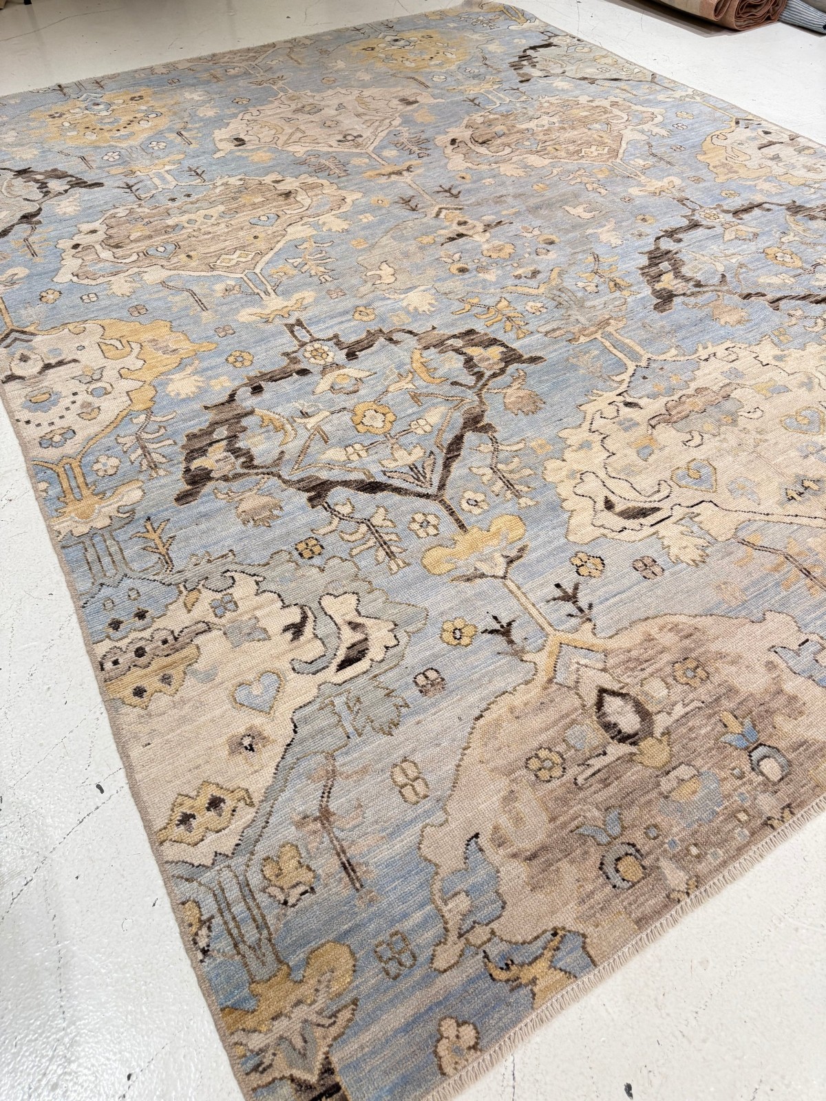 Hand Knotted Light Blue Beige Oushak Wool Area Rug Turkish Floral Carpet
