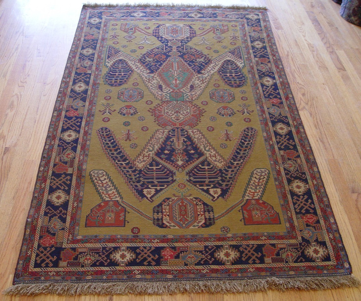 4’4″x7′ Handmade Sumac Kilim Flat Woven 100% Wool Veg. Dyes Dragon Design Rug