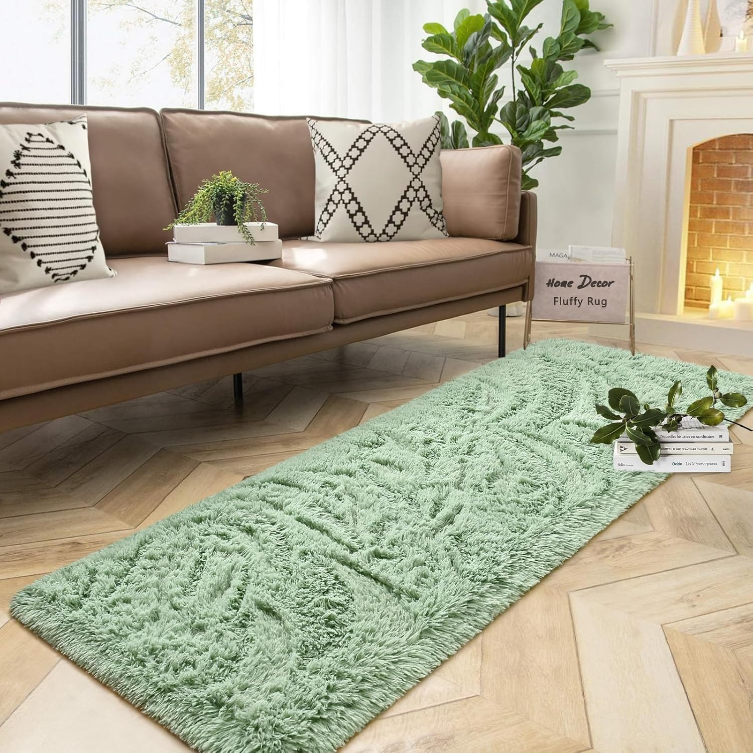 Fluffy Sage Runner Rugs for Bedroom, 2X6 Feet Soft Plush 2 Ft X 6 Ft Green