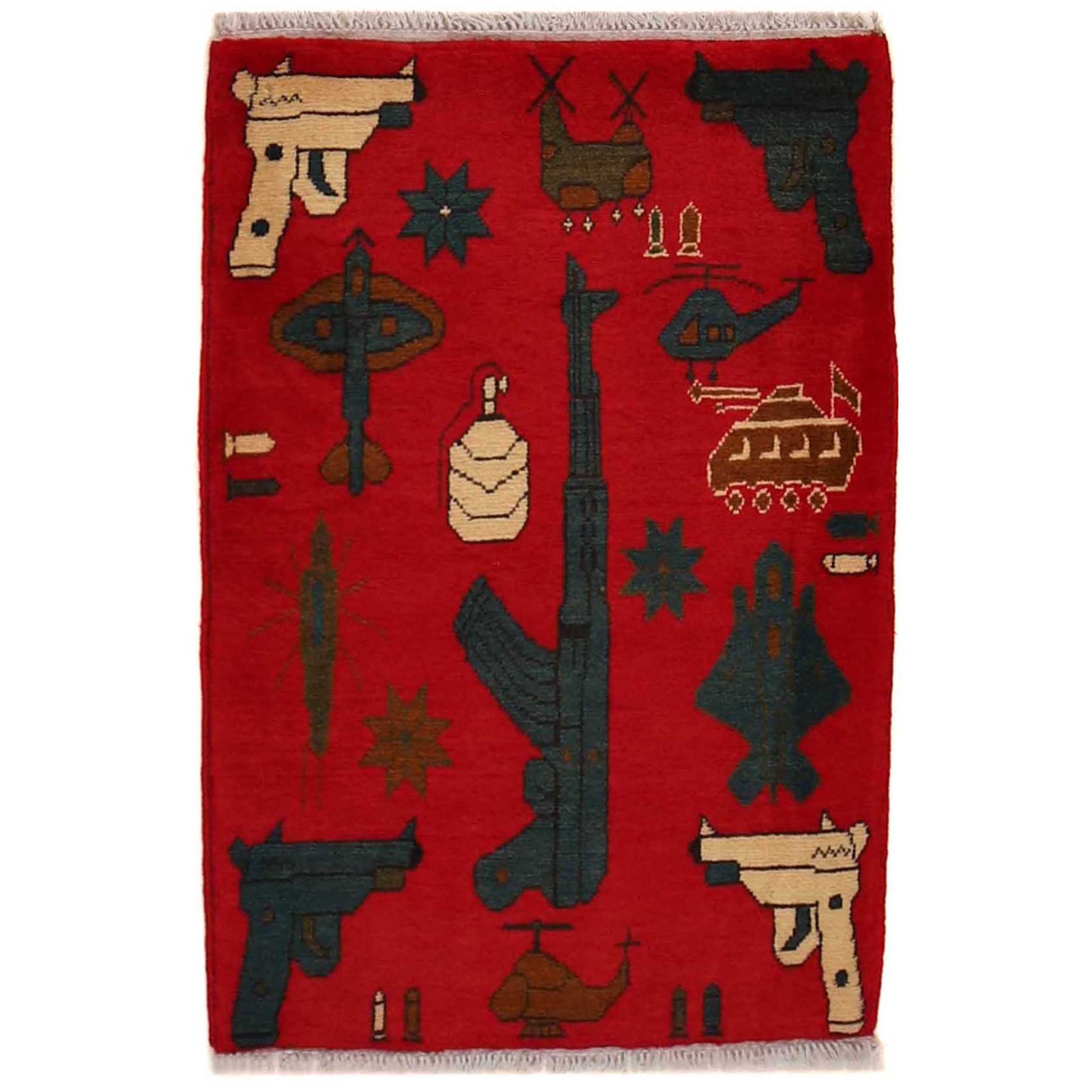 Hand Knotted Afghan War Rug 2.0×2.10ft Red Pictorial Carpet – Weapons Art G35395