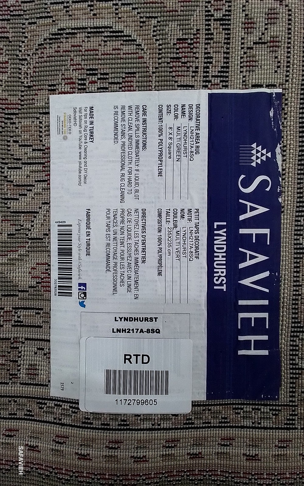 MULTI / GREEN 8′-0″ x 8′-0″ Back Stain Rug, Reduced Price 1172799605 LNH217A-8SQ
