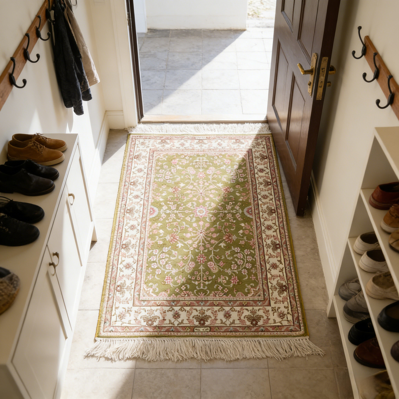 Zhiyi 2x3ft Hand-knotted Silk Area Rug Green Hand-knotted Hallway Carpet 077B