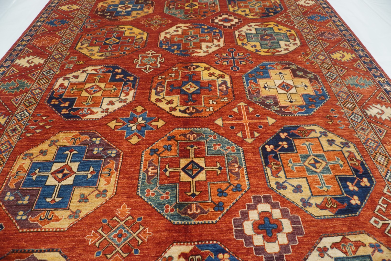7×11 ft Red Ersari Afghan Hand Knotted Wool Geometric Rug