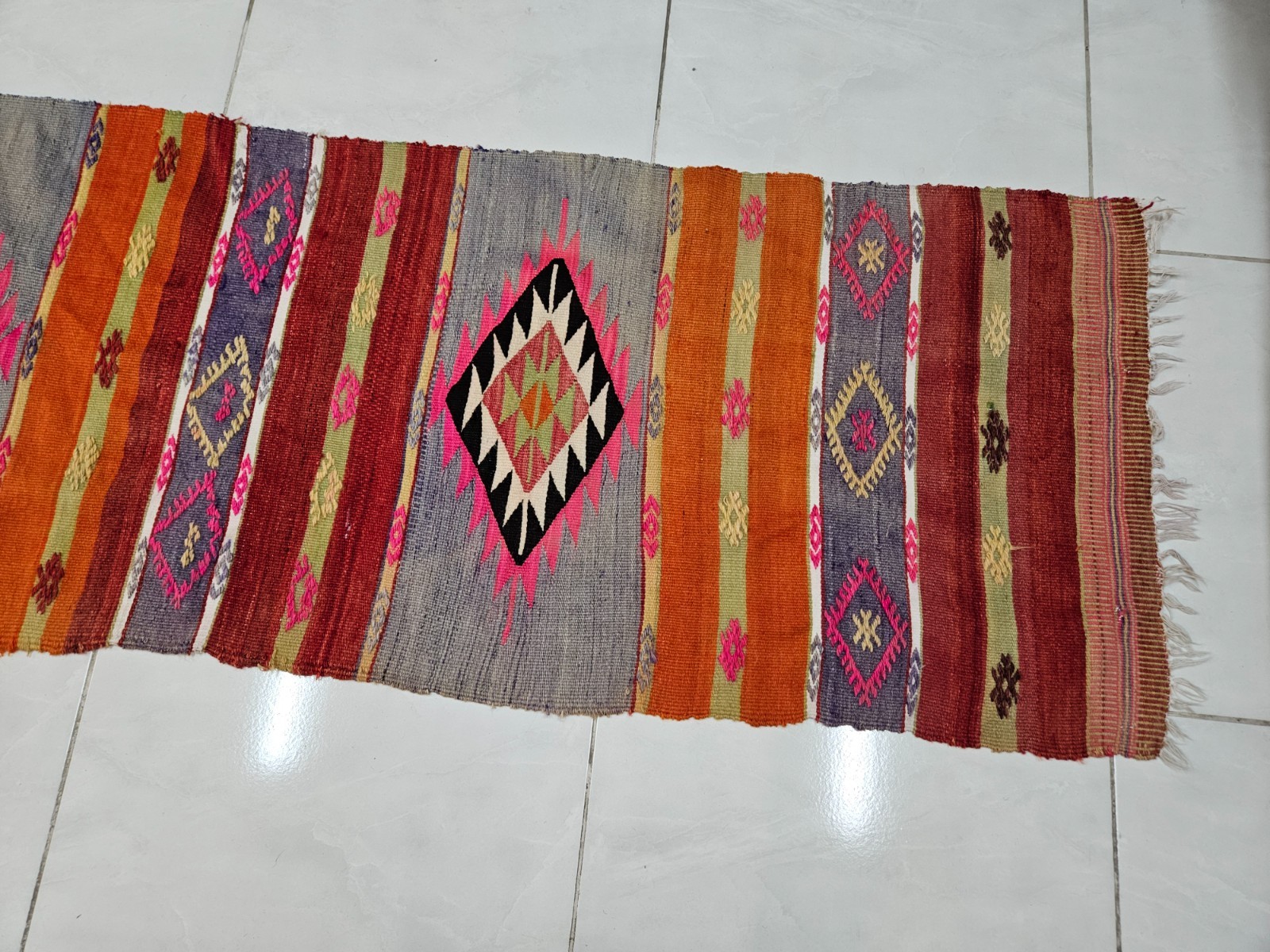 Handmade Wool Turkish 1.8 x 7.9 ft Kilim Runner Rug with Diamond Tribal Motifs