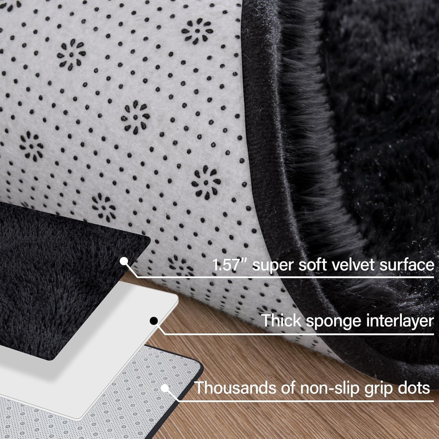 Modern Black Fluffy Area Rug – Cozy Washable Carpet for Bedroom & Nursery