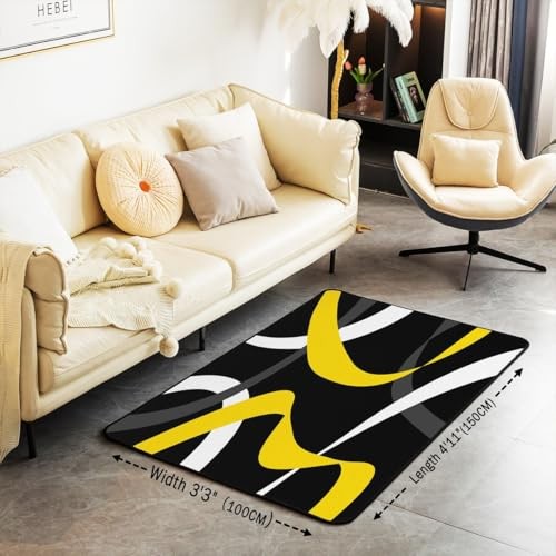 Grey Black Yellow Carpet Gray White Striped Abstract Indoor Floor Mat 4’11” x