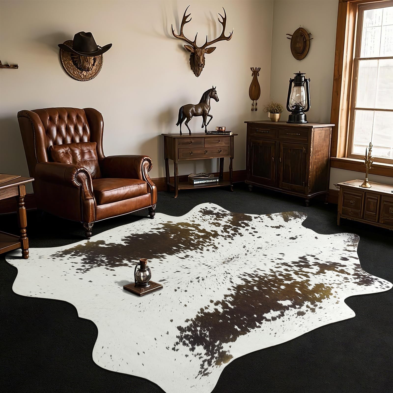 Western Faux Cowhide Rug 5.2×6.2 Ft Non Slip Area Carpet Brown And White