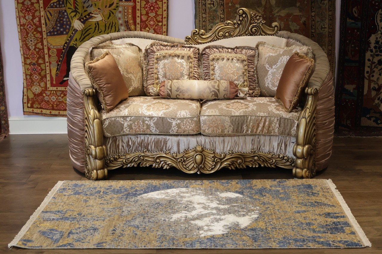 4×6 Abstract Area Rug Hand Knotted Wool Silk in Blue & Gold Brown Hues