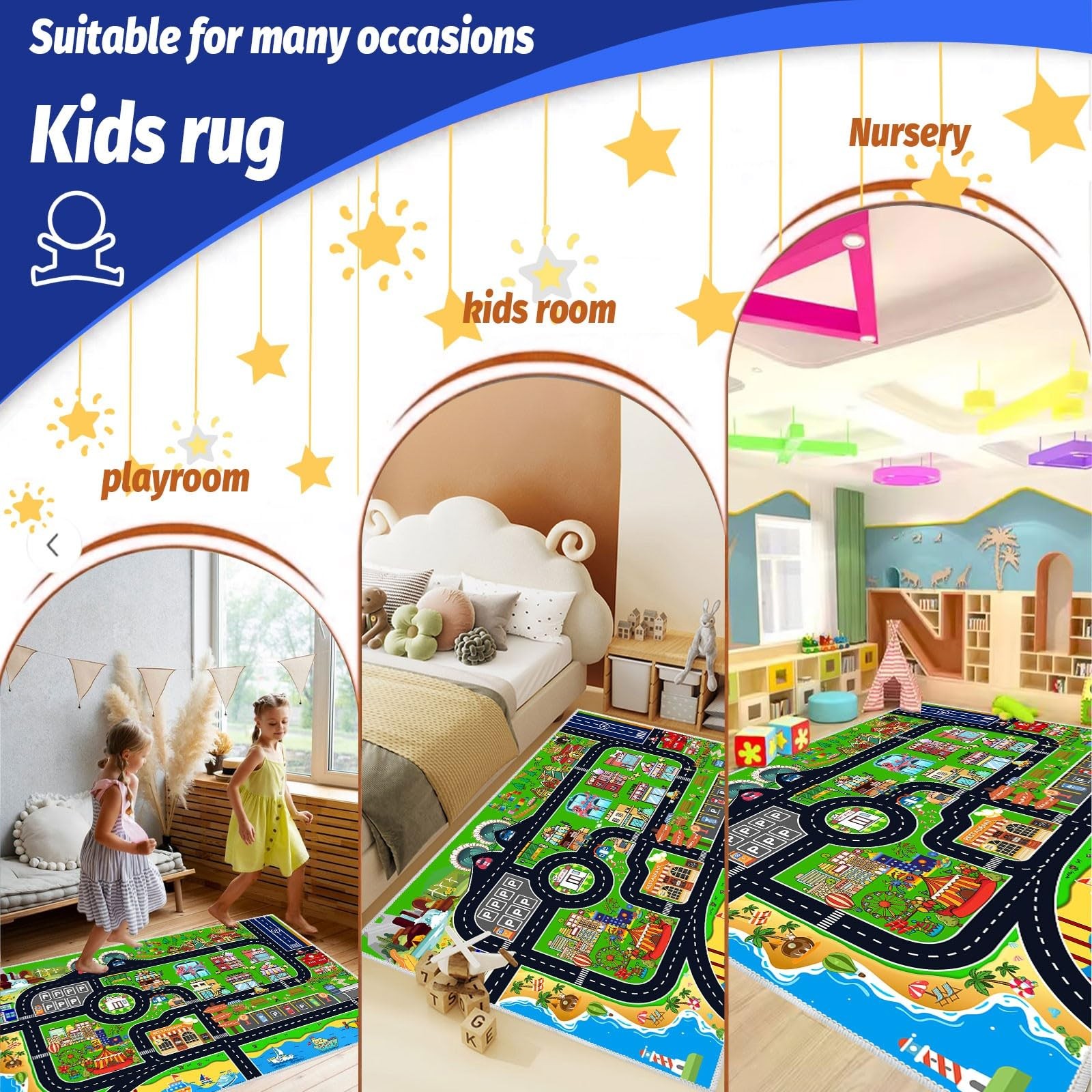 Kids Car Rug Play Mat Carpet for Cars Toys, 47”x71” Educational Road Traffi…