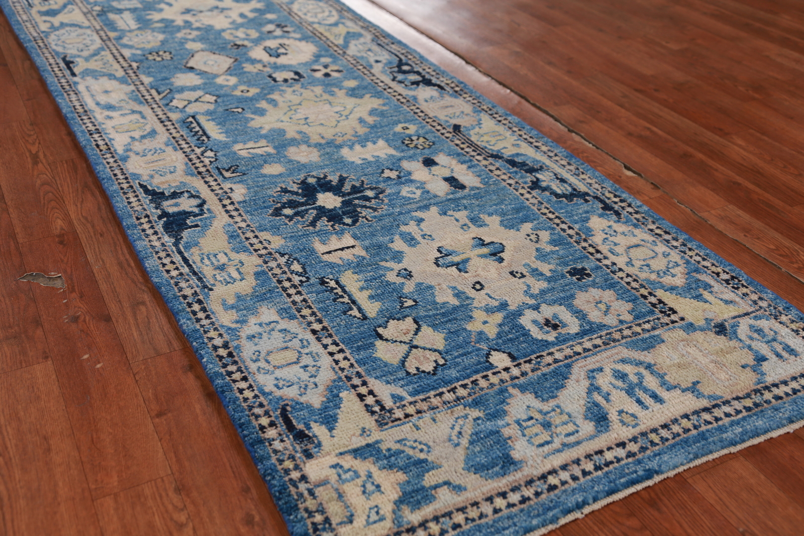 Blue Vegetable Dye Oushak Turkish Handmade Wool Runner Rug for Hallway 3×10 ft