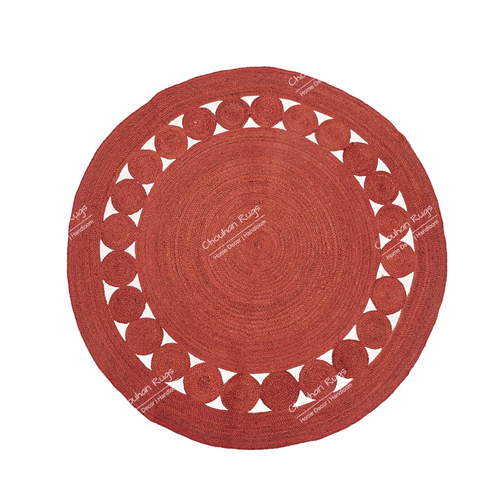 Hand Braided Red Round Scalloped Jute Rug For Living Room Decor