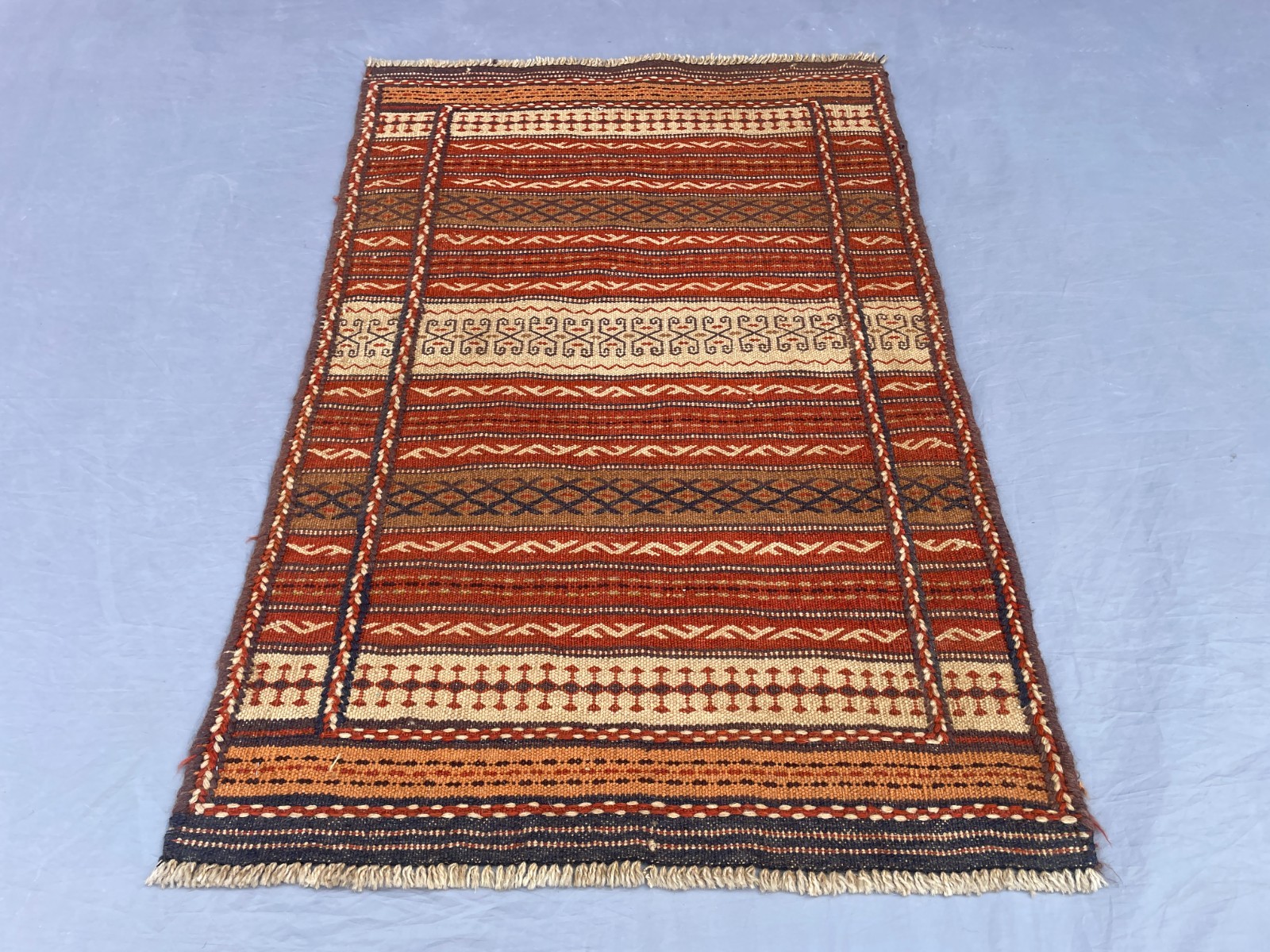 2×3 Handwoven Afghan Kilim Rug Tribal Wool Flatweave with Hooked Motifs N Stripe