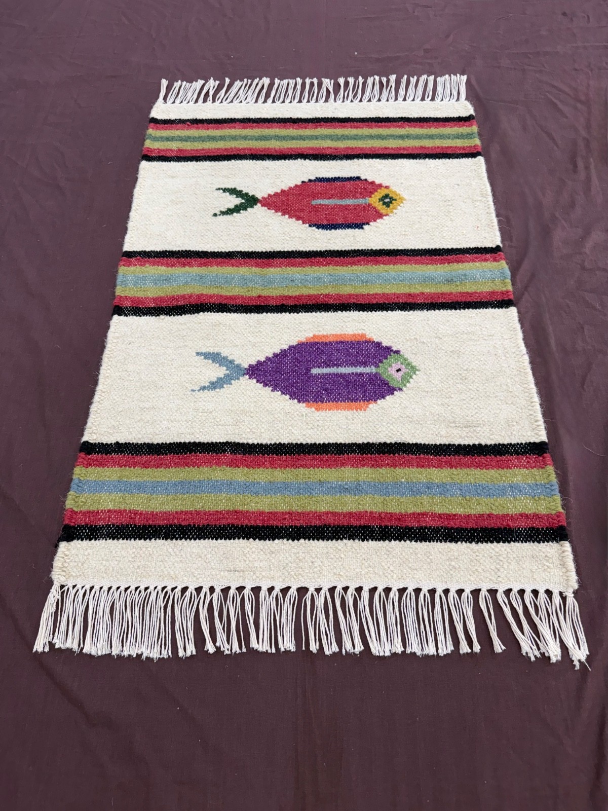 Hand Woven Wool Rug 2×3 Cream Tribal Fish Folk Art Striped Small Kilim for Kids