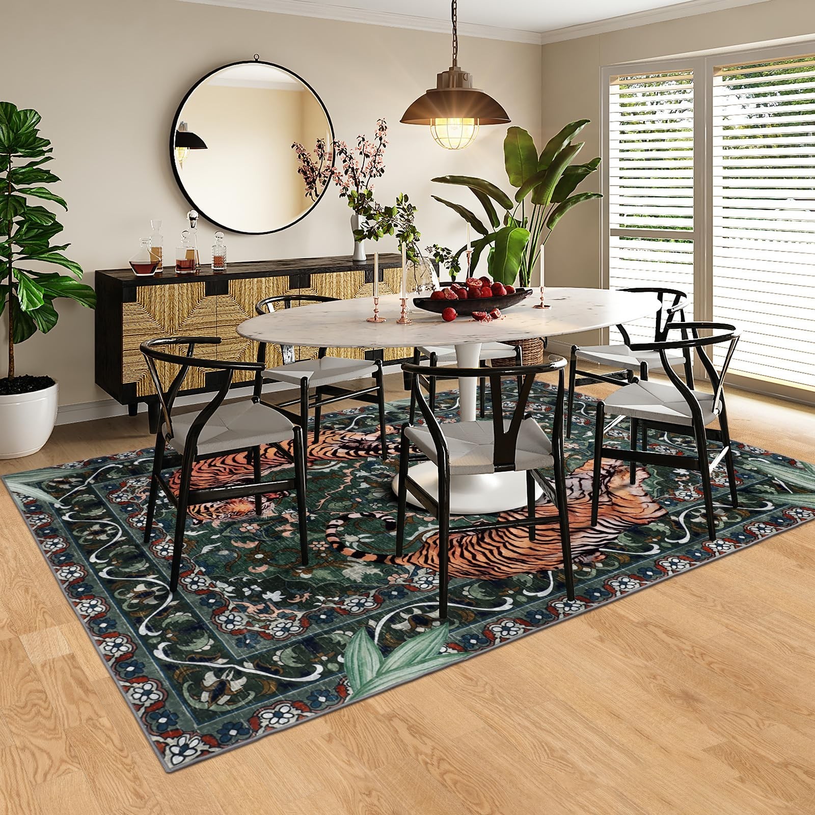 Geanlod Tiger Washable Area Rug 5x7ft Boho Botanical Jungle Floor Carpet