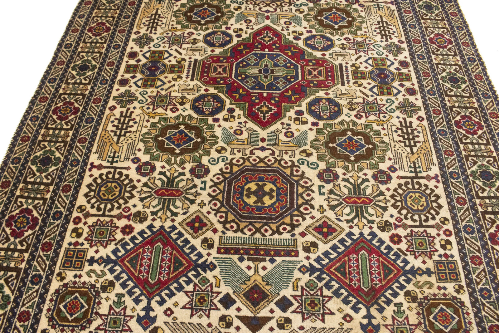 4’4X6’4 Antique Hand-Knotted Oriental Rug Cream Tribal Design Home Carpet