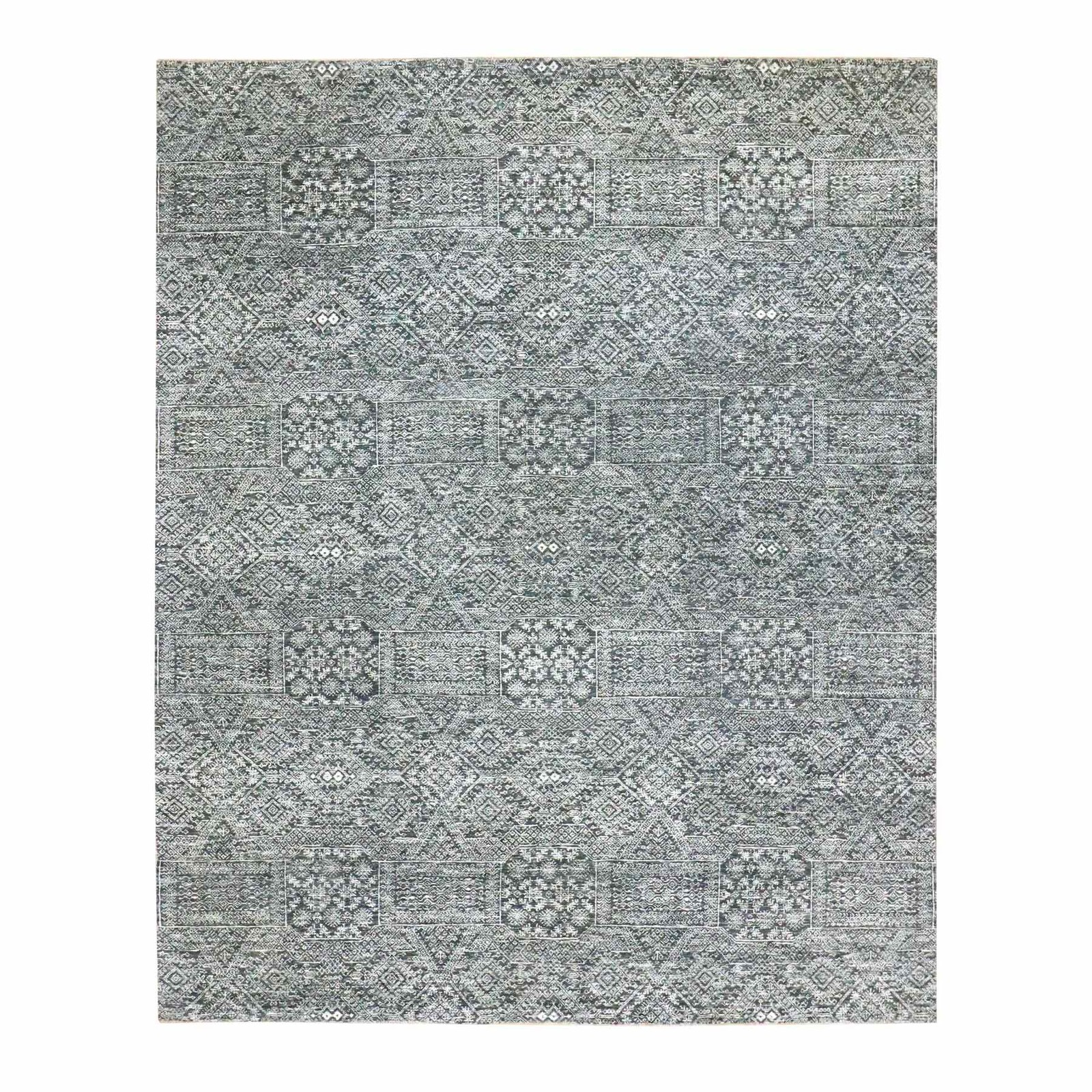 8’1″x10’1″ Gray Intricate Geometric Design Wool and Silk Hand Knotted Rug R76566