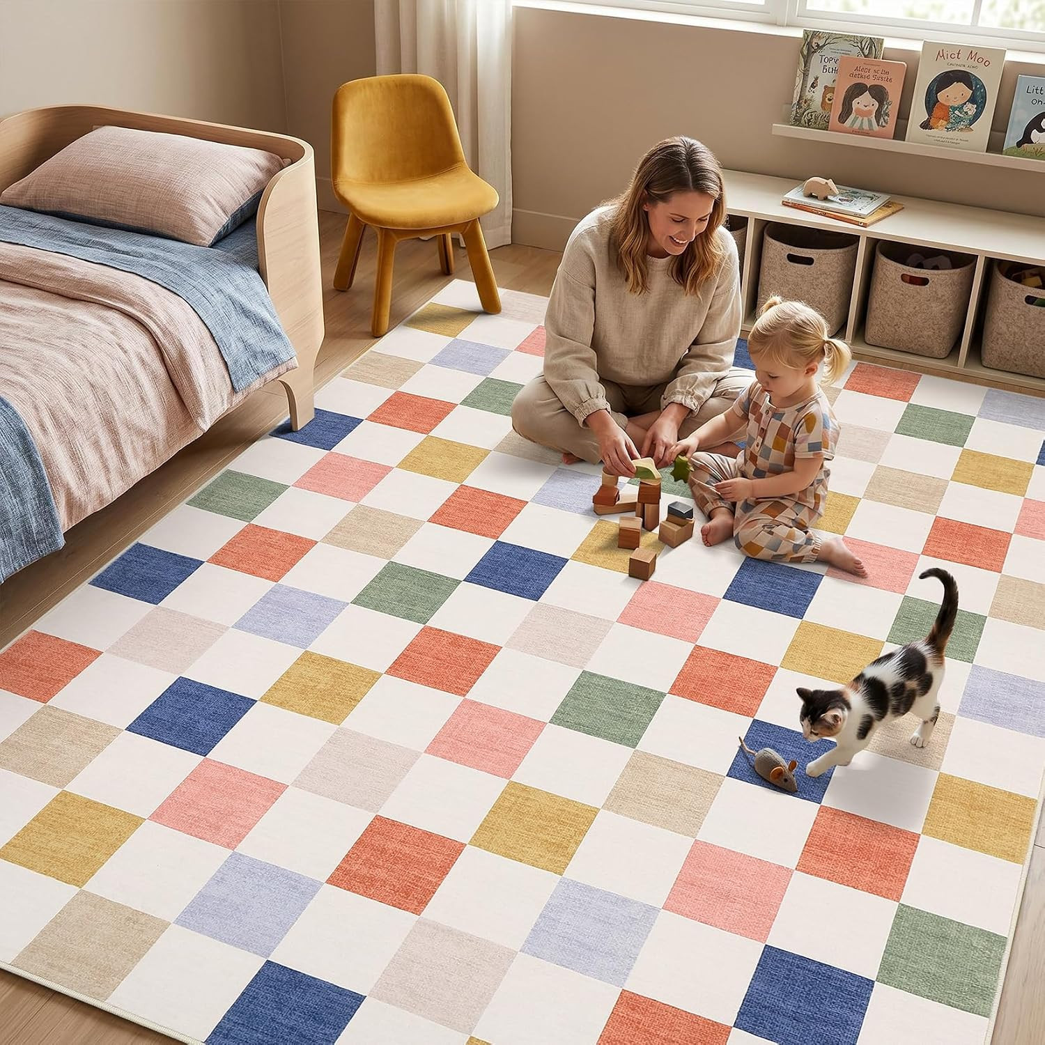 Garveehome Checkered Colorful 3X5 Washable Kids Rug for Play Room Nursery | Rain