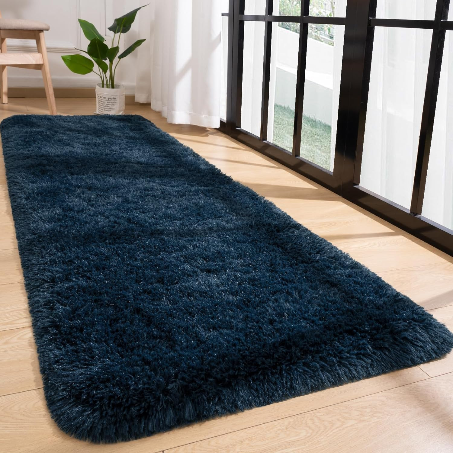 Przemy Fluffy Runner Rug for Bedroom Living Room, 2X6 Feet Navy Blue Shag Area R