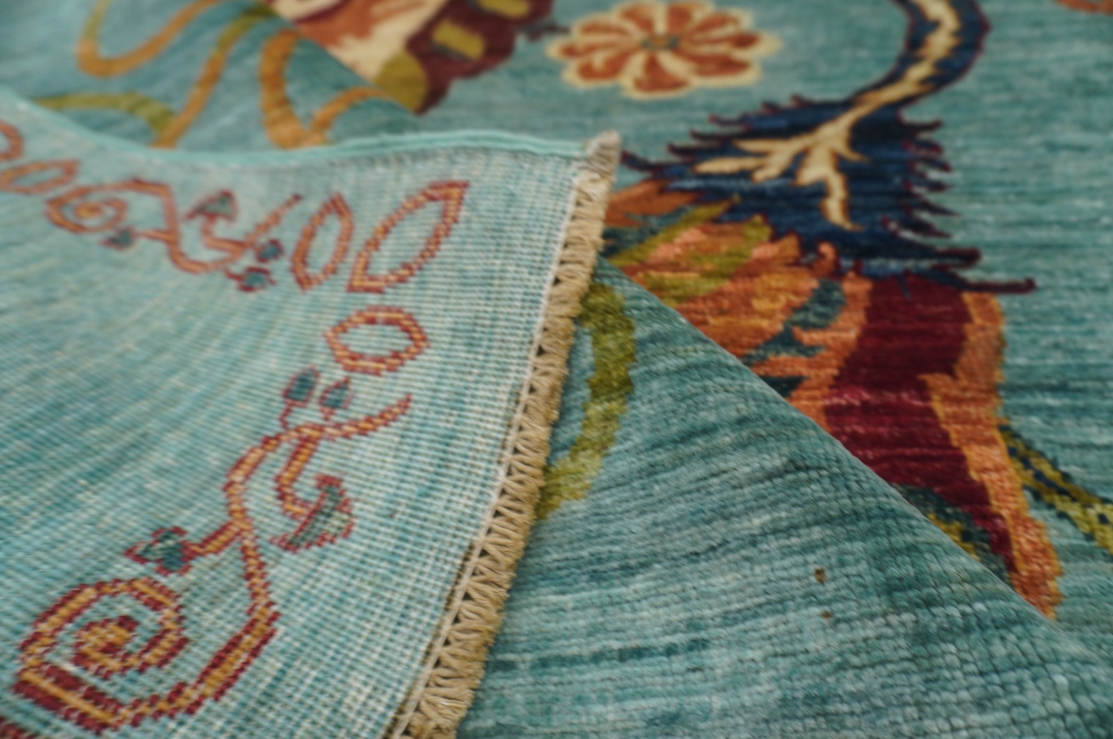 7×10 ft Turquoise Blue Floral Afghan Hand Knotted Wool Area Rug