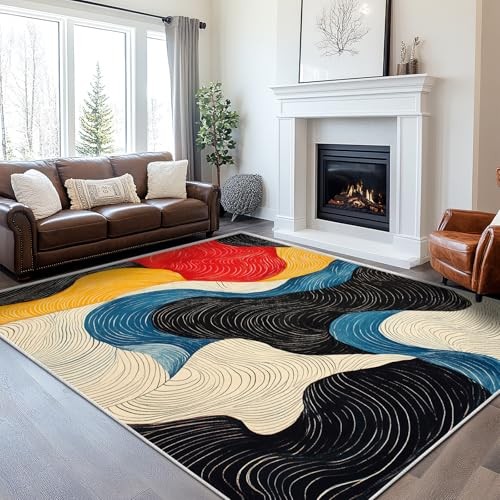5×7 Colorful Area Rug Modern Abstract Black White Blue Beige Red Yellow