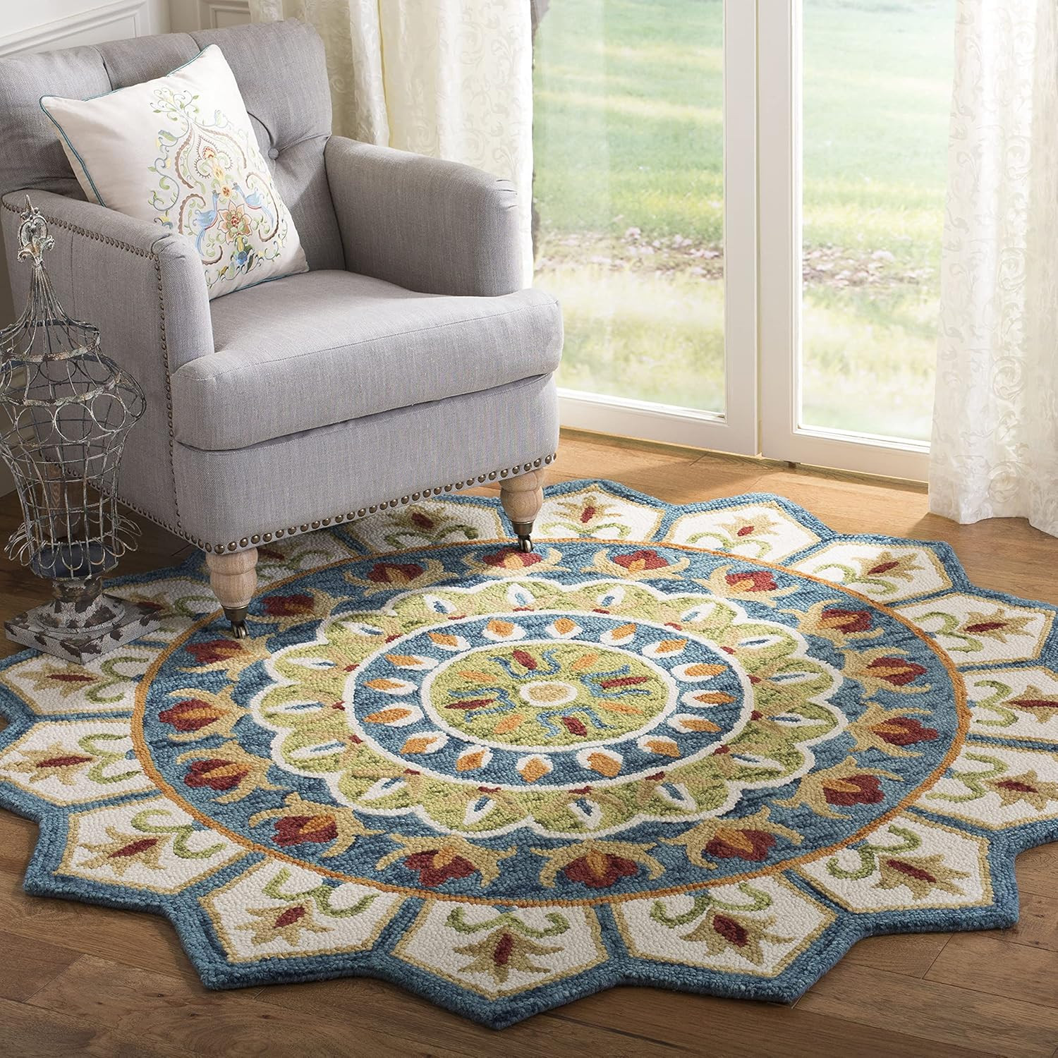 Handmade Boho Mandala Area Rug – 6′ Round, Ivory & Blue, High Traffic Use
