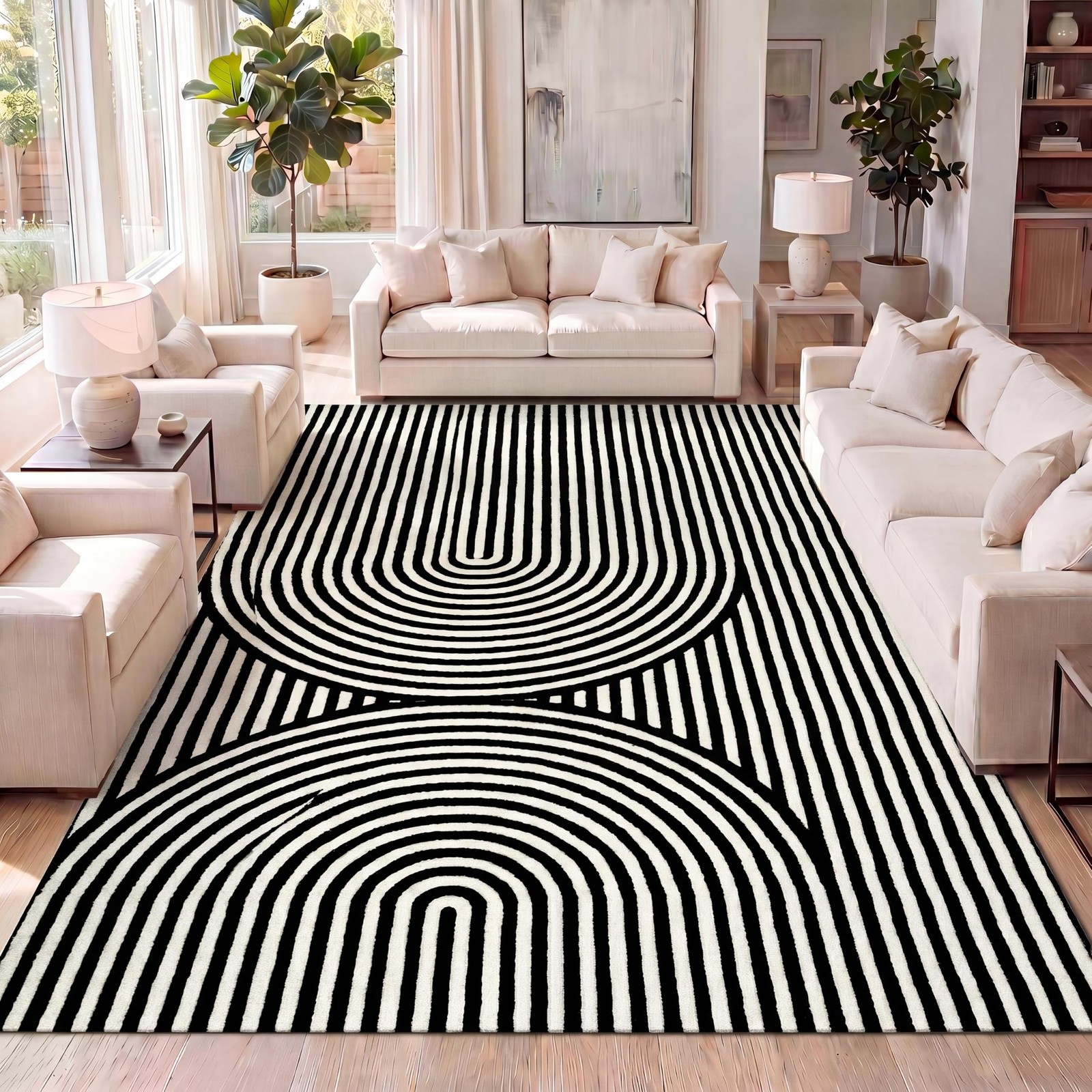 Sofia High-Low Stripe Two-Tone Black/White 8×10 Indoor Area Rug, MidCentury M…